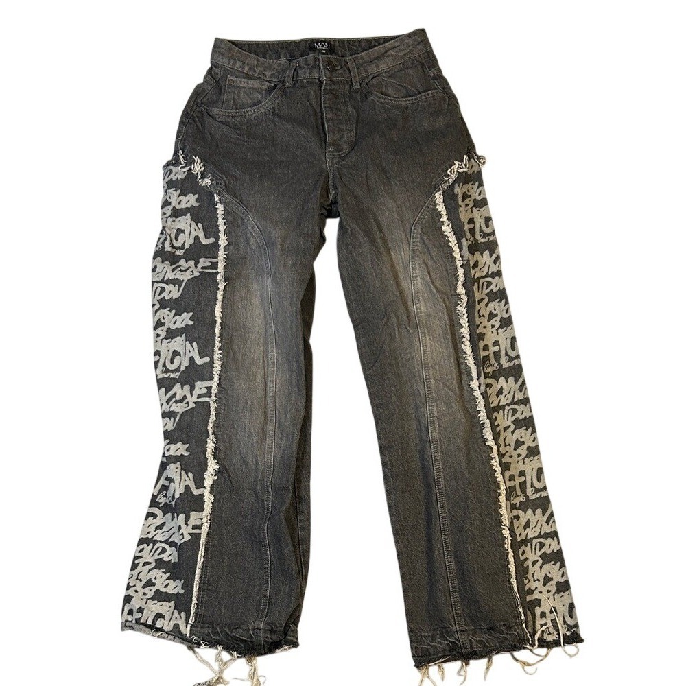 boohooMAN Mens 30 Washed Black‎ Graffiti Side Panel Frayed Straight Leg Jeans